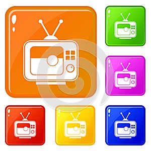 Soccer match on TV icons set vector color