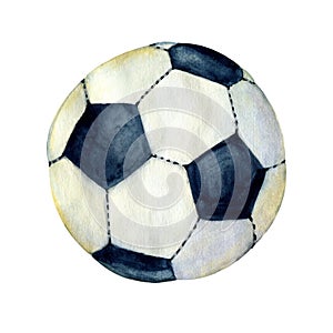 Soccer old ball Isolated on a white background. Hand drawn watercolor illustration for the design of a sports banner