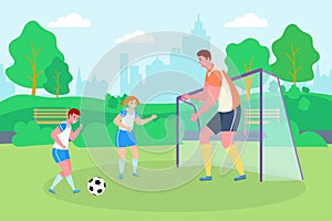 Soccer in park, sport family vector illustration. Son, daughter and father character with ball play football game