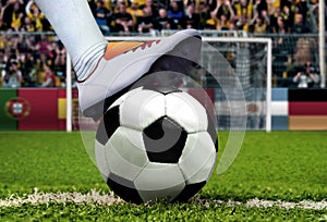 Soccer penalty kick with spectator cheering photo