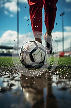 Soccer player in action as they kick a football on a rain-soaked soccer field