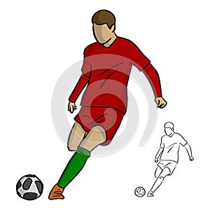 Soccer player in action, shooting a goal vector illustration sketch doodle hand drawn with black lines isolated on white