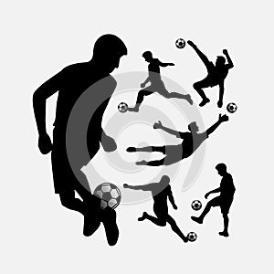 Soccer player action silhouettes set