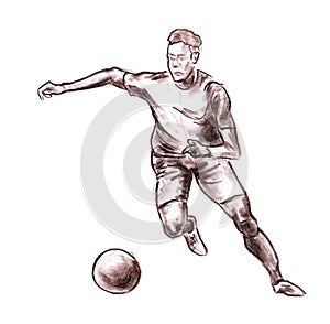 Soccer player with a ball in attac. Hand made drawn pastel pencil graphic artistic illustration on paper. Isolated on white.
