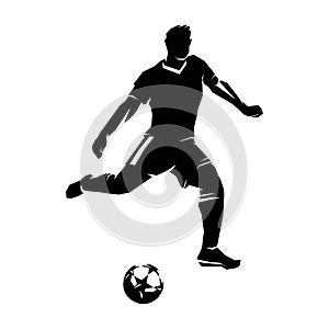 Soccer player with ball, black isolated image on white background, template for football concept