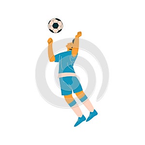 Soccer Player with Ball, Male Footballer Character in Blue Sports Uniform Vector Illustration