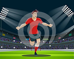 Soccer Player with Ball in stadium. Light, stands, fans.