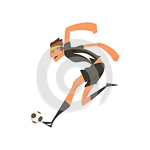 Soccer player in black uniform kicking the ball cartoon vector Illustration on a white background