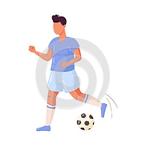 Soccer player in a blue shorts running with the ball. Vector illustration in flat cartoon style.