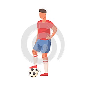Soccer player in blue shorts standing with the ball. Vector illustration in flat cartoon style.