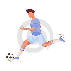 Soccer player in a blue t-shirt running with the ball. Vector illustration in flat cartoon style.