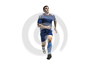 Soccer player in blue uniform running on white isolation