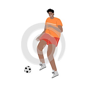 Soccer player boy in orange t-shirt running with the ball. Vector illustration in flat cartoon style.