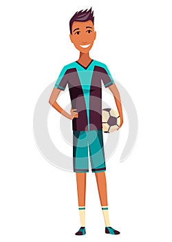 Soccer player, cartoon male football character. Man full length, front view. Isolated flat vector illustration