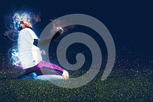 soccer player celebrating goal on a soccer field during the match,abstract muscles