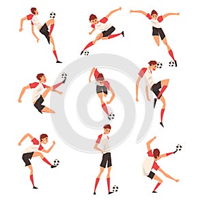 Soccer Player in Different Poses Set, Professional Football Player Character in Sports Uniform Kicking Ball Vector