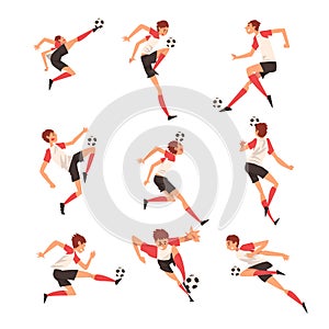 Soccer Player in Different Poses Set, Professional Football Player Character in Uniform Training and Practicing Soccer