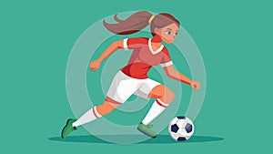 A soccer player dribbles the ball down the field her eyes focused and her body relaxed as she maintains composure in the photo