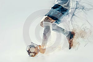 A soccer player dribbles and kicks a ball on a field