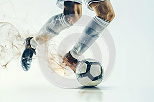 A soccer player dribbles and kicks a ball on a field