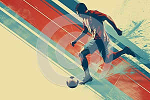 A soccer player dribbles and kicks a soccer ball