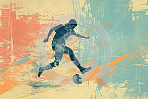 A soccer player dribbles and kicks a soccer ball