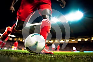 Soccer player dribbling ball on football field. Close-up. Generative Ai