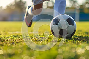 A soccer player dribbling and kicking a ball on a field