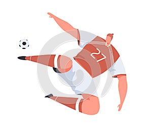 Soccer player falling to score, hit or return ball. Man in uniform playing European football. Professional footballer in