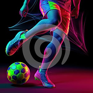 Soccer player feet dribbling the ball closed up, neon light, futuristic.