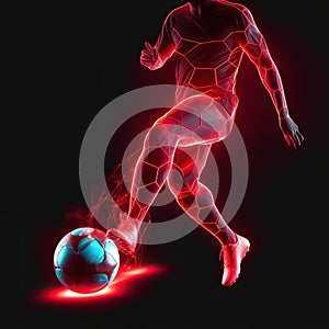 Soccer player feet dribbling the ball closed up, red neon light, futuristic.