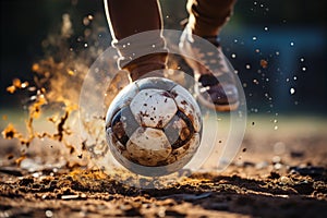 Soccer player feet kicking ball on dirty field