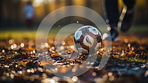 Soccer player feet kicking ball on dirty field