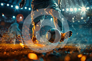 Soccer player in a fiery field at the football stadium. Generative AI