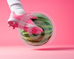 Soccer player foot kicking a watermelon as a ball.