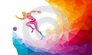 Soccer player. Footballer kicks the ball in trendy abstract colorful polygon style