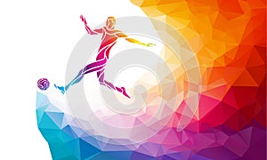 Soccer player. Footballer kicks the ball in trendy abstract colorful polygon style with rainbow back