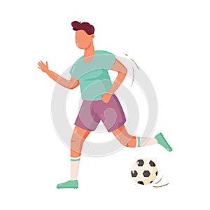 Soccer player in a green t-shirt running with the ball. Vector illustration in flat cartoon style.