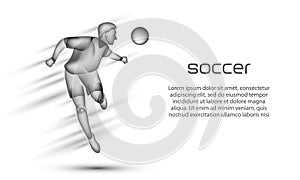 Soccer player heading the ball. Football banner with a transparent black silhouette of a soccer player on a white background