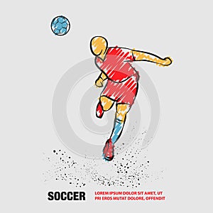 Soccer player heading the ball. Vector silhouette of a footballer jump and soccer ball. Vector outline of soccer player