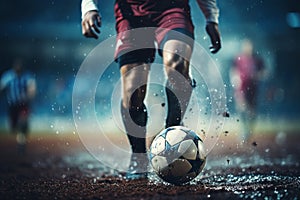 Soccer player in the heat of the game getting ready to deliver a powerful kick. Ai generated photo