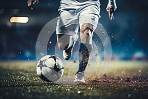 Soccer player in the heat of the game getting ready to deliver a powerful kick. Ai generated photo