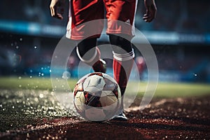 Soccer player in the heat of the game getting ready to deliver a powerful kick. Ai generated photo