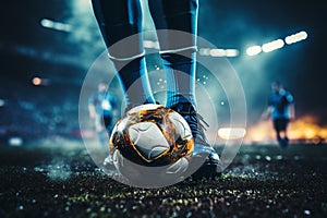 Soccer player in the heat of the game getting ready to deliver a powerful kick. Ai generated photo