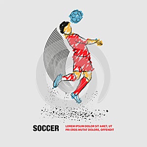 Soccer player hit the ball by head. Vector outline of Soccer player with scribble doodles.