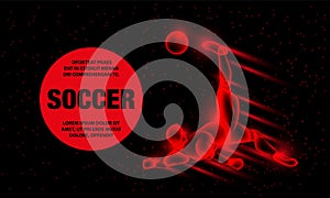 Soccer player hits the soccer ball in falling through himself. Abstract football player with fire effect.
