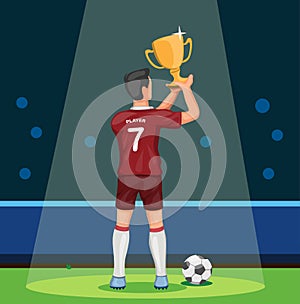 Soccer player holding trophy winning champion celebration in cartoon illustration vector