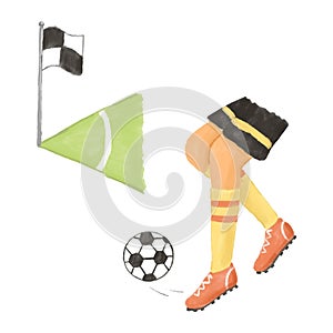 Soccer player illustration isolated on white. Feet of football player with ball. Corner of football field with flag.