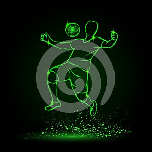 Soccer player jump with ball and trapping by chest. Football sport green neon illustration.