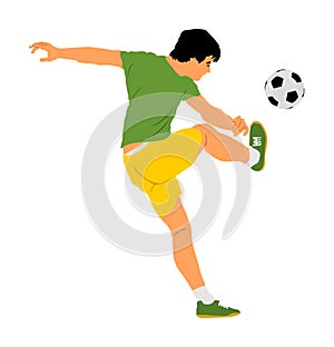 Soccer player kick the ball in action vector illustration isolated on white background. Football player battle for the ball.